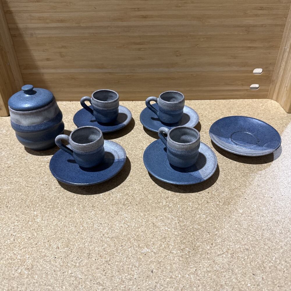 VTG Studio Pottery Blue Gray Espresso Cups & Saucers Sugar Bowl Set - Picture 1 of 16